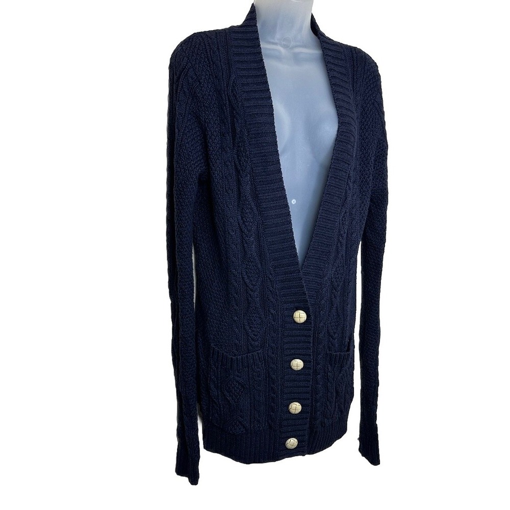 Womens Chunky‎ Knit Cableknit Cardigan Sweater Medium Navy Blue Organic Cotton